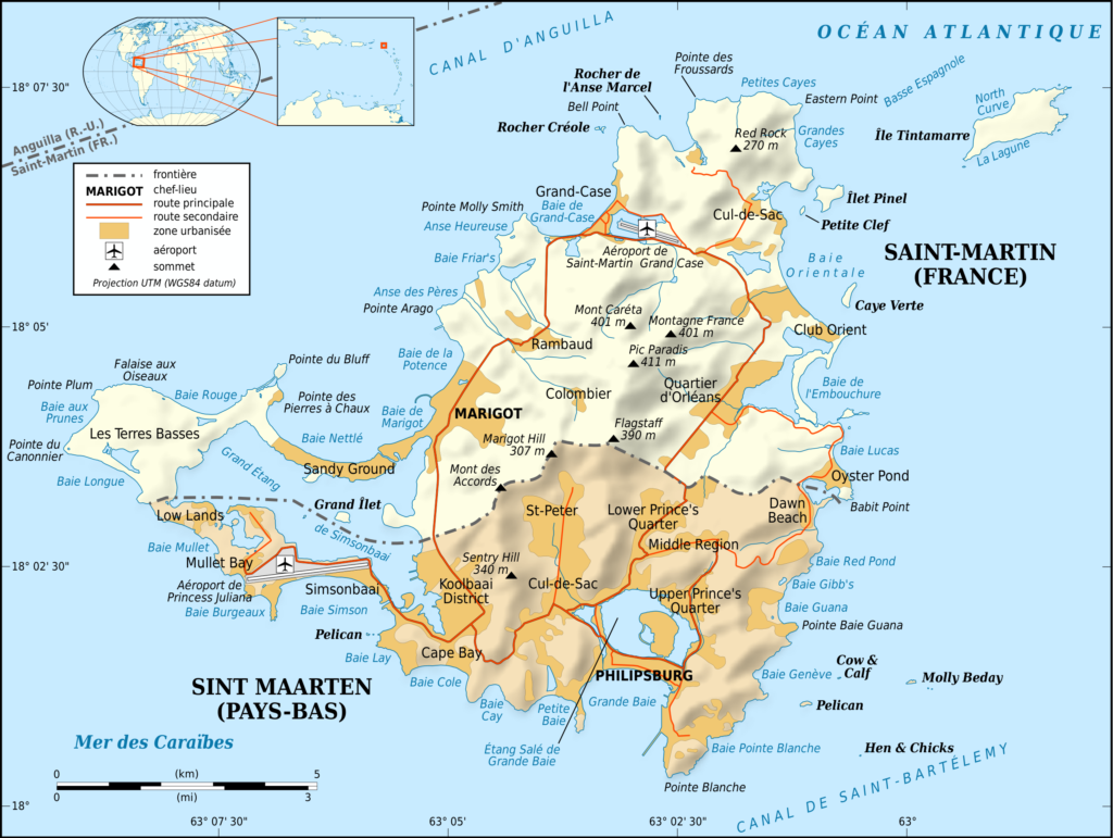 Carte de l'île Saint-Martin illustrant ses principales villes.