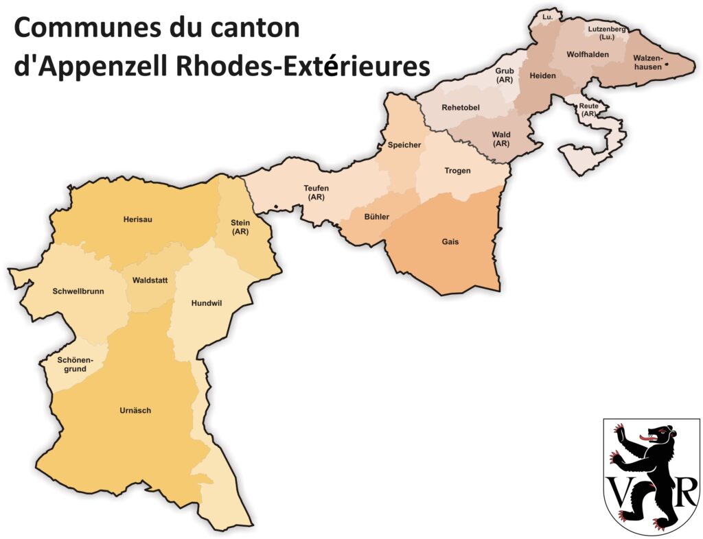 Carte des communes du canton d'Appenzell Rhodes-Extérieures.