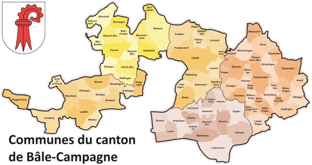 Carte des communes du canton de Bâle-Campagne.