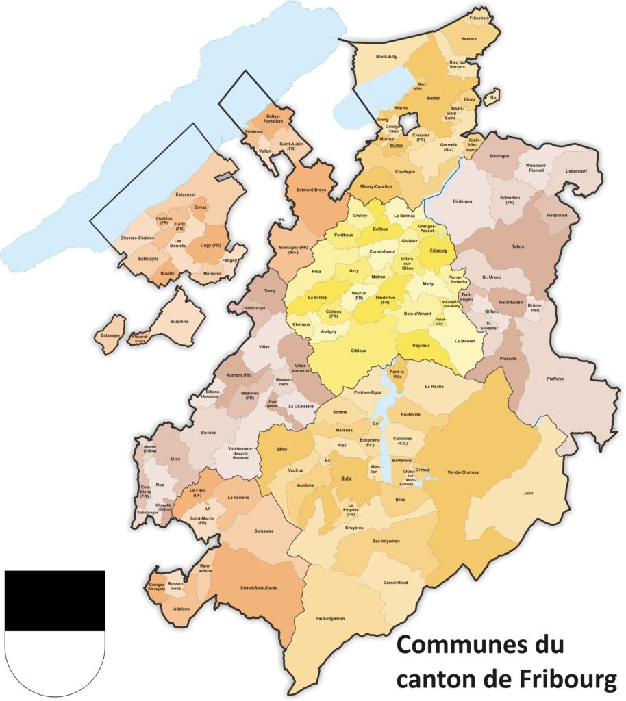 Carte des communes du canton de Fribourg.