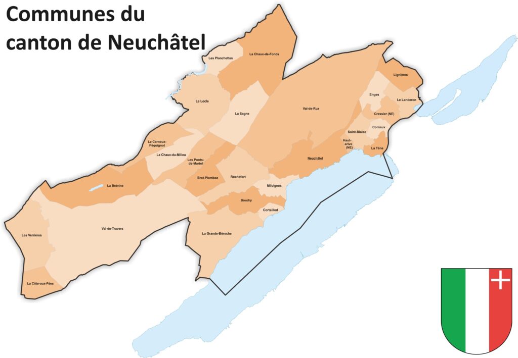 Carte des communes du canton de Neuchâtel.