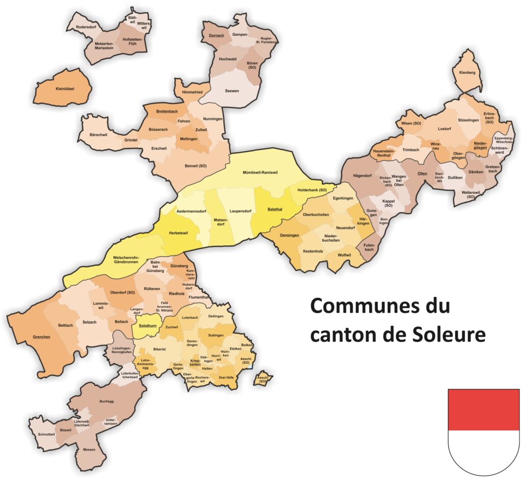 Carte des communes du canton de Soleure.