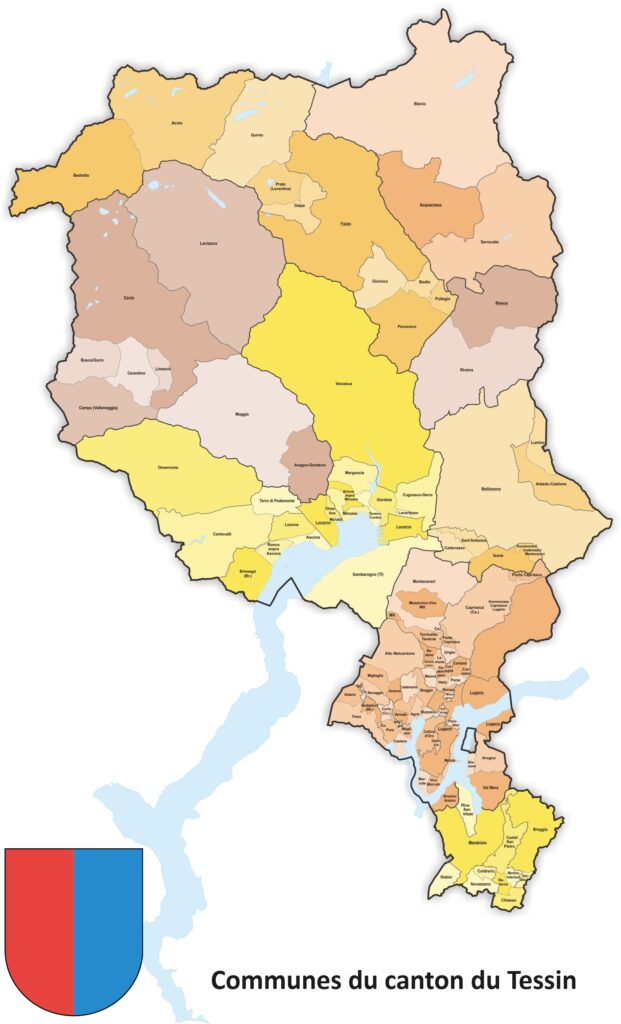 Carte des communes du canton du Tessin.