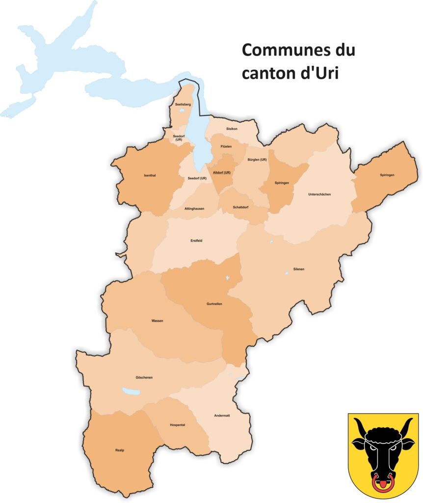Carte des communes du canton d'Uri.