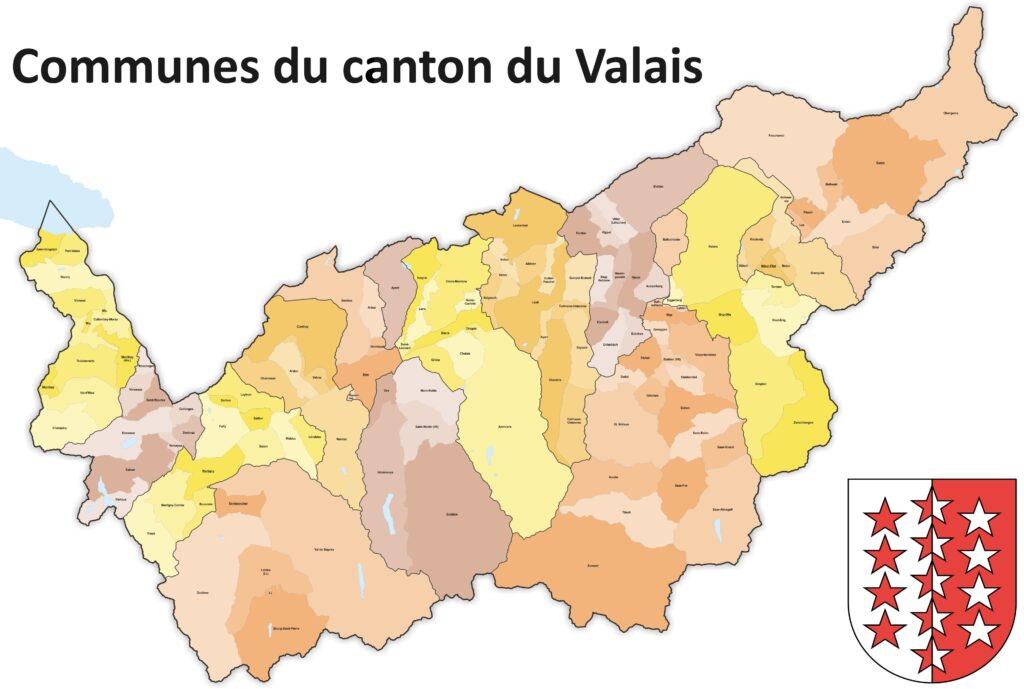 Carte des communes du canton du Valais.