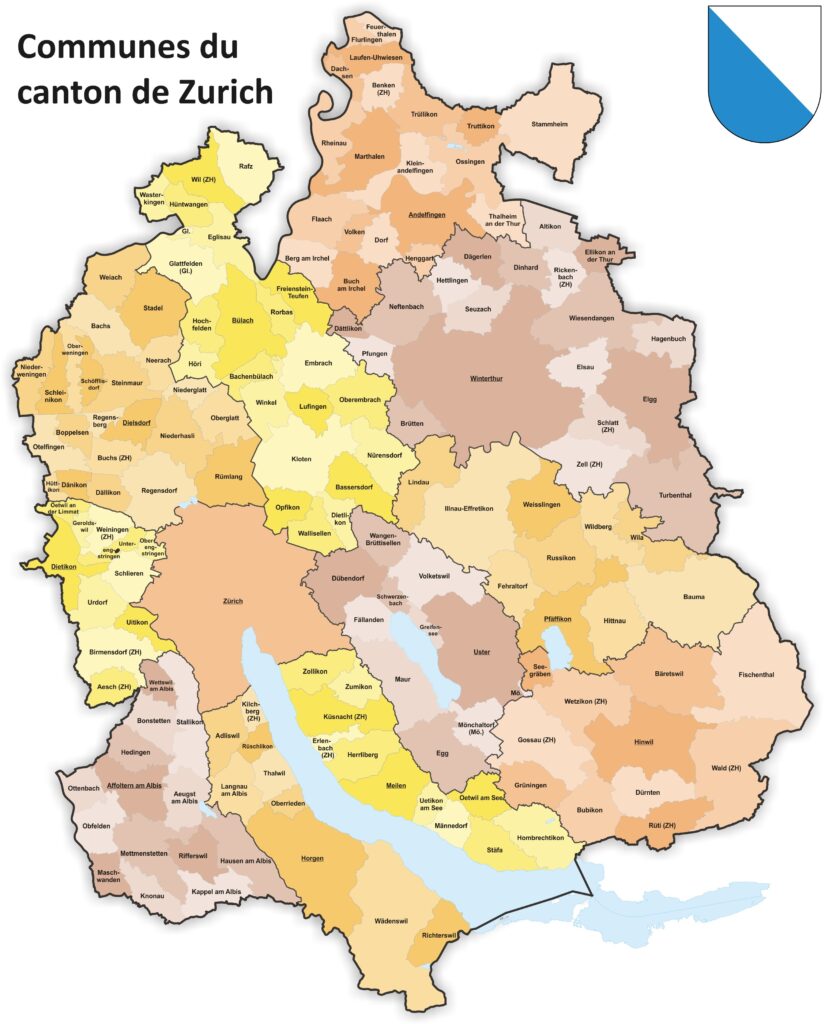 Carte des communes du canton de Zurich.