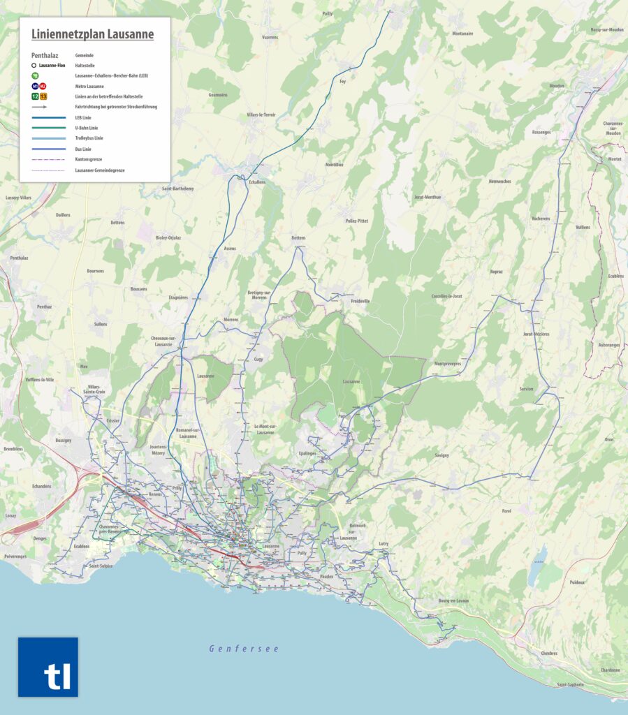 Carte du Transports publics de la région lausannoise.