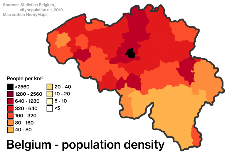 Carte de la densité de population en Belgique
