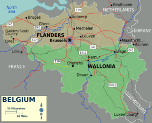 Régions de Belgique plus ses principales villes, routes et voies ferrées