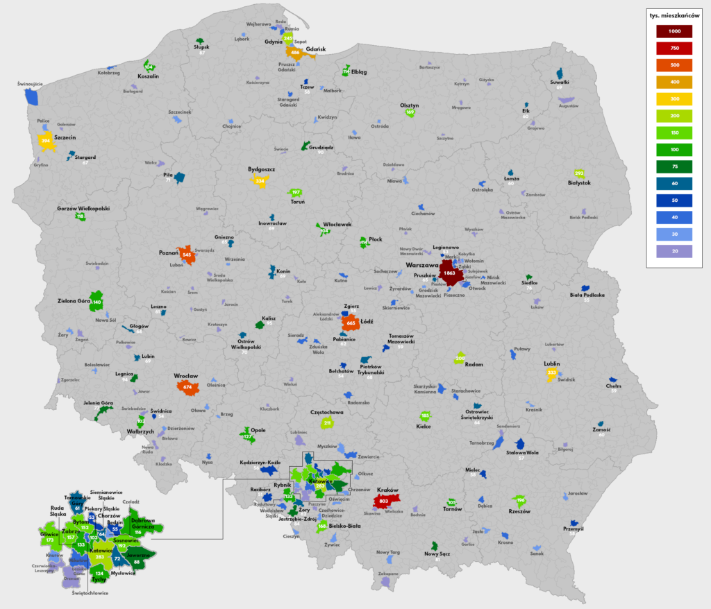 Carte des principales villes de Pologne.