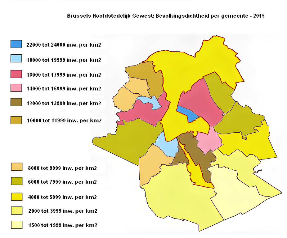Carte de densité de population dans la Région de Bruxelles-Capitale
