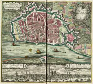 Plan de la ville & Vue panoramique d'Anvers 1740