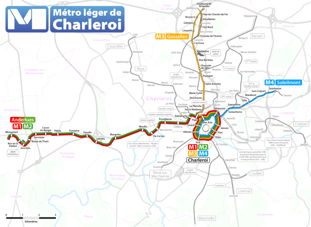 Carte du métro léger (MLC) de Charleroi.