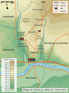 Carte topographique du village de Charnoy au début du 17ème siècle