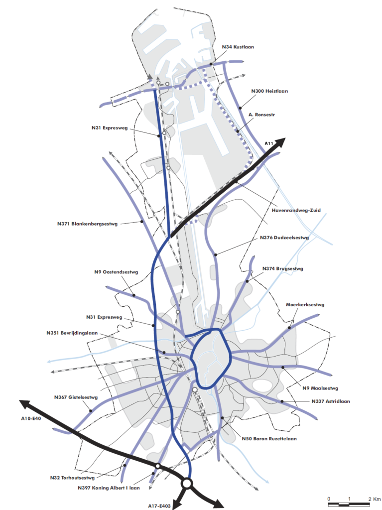 Schéma des routes et des voies ferrées à Bruges