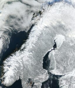 Image satellite de la Norvège continentale en février 2003.