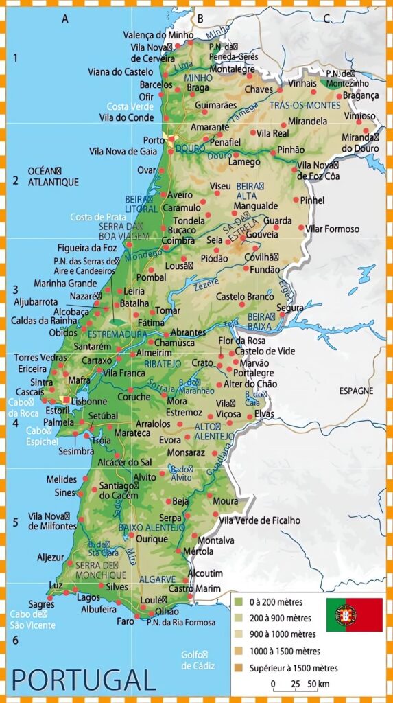 Carte des principales villes du Portugal.