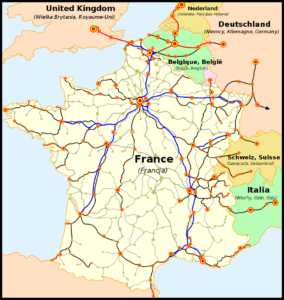 La carte du réseau voyageurs de la SNCF, les TGV internationaux inclus