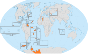 Carte de localisation des territoires britanniques d'outre-mer dans le monde.