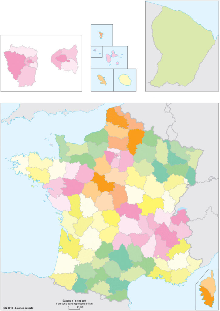 Carte de France vierge en couleur comprenant ses territoires d'outre-mer c'est à dire les DROM-COM (départements et régions d'outre-mer et collectivités d'outre-mer) anciennement nommés DOM-TOM (départements d'outre-mer et territoires d'outre-mer).