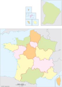 Carte vierge colorée de la France à imprimer en avec le découpage des régions.
