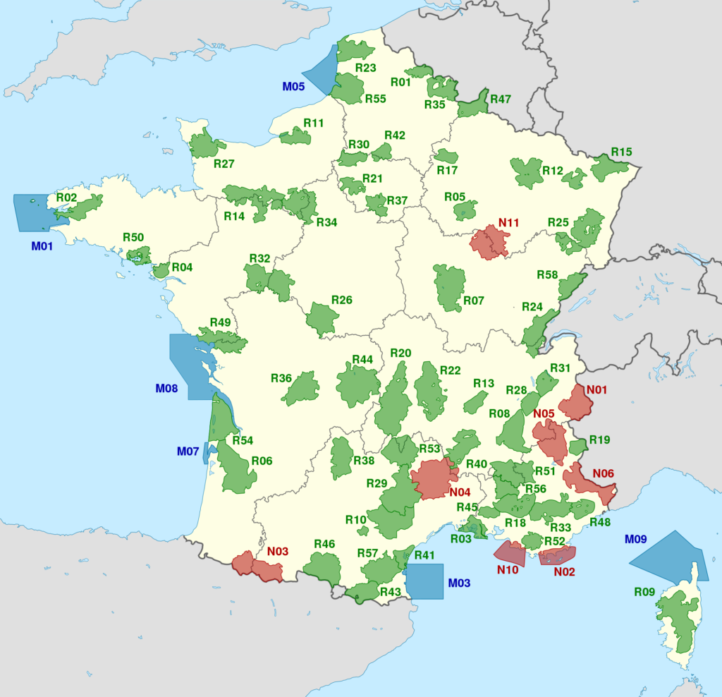 Carte des parcs naturels de la France métropolitaine