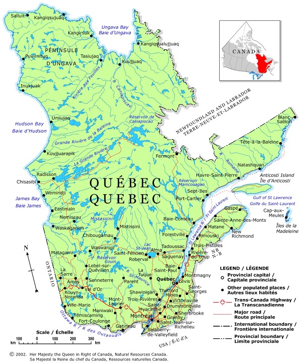 Quebec Map with Toponyms - Full size