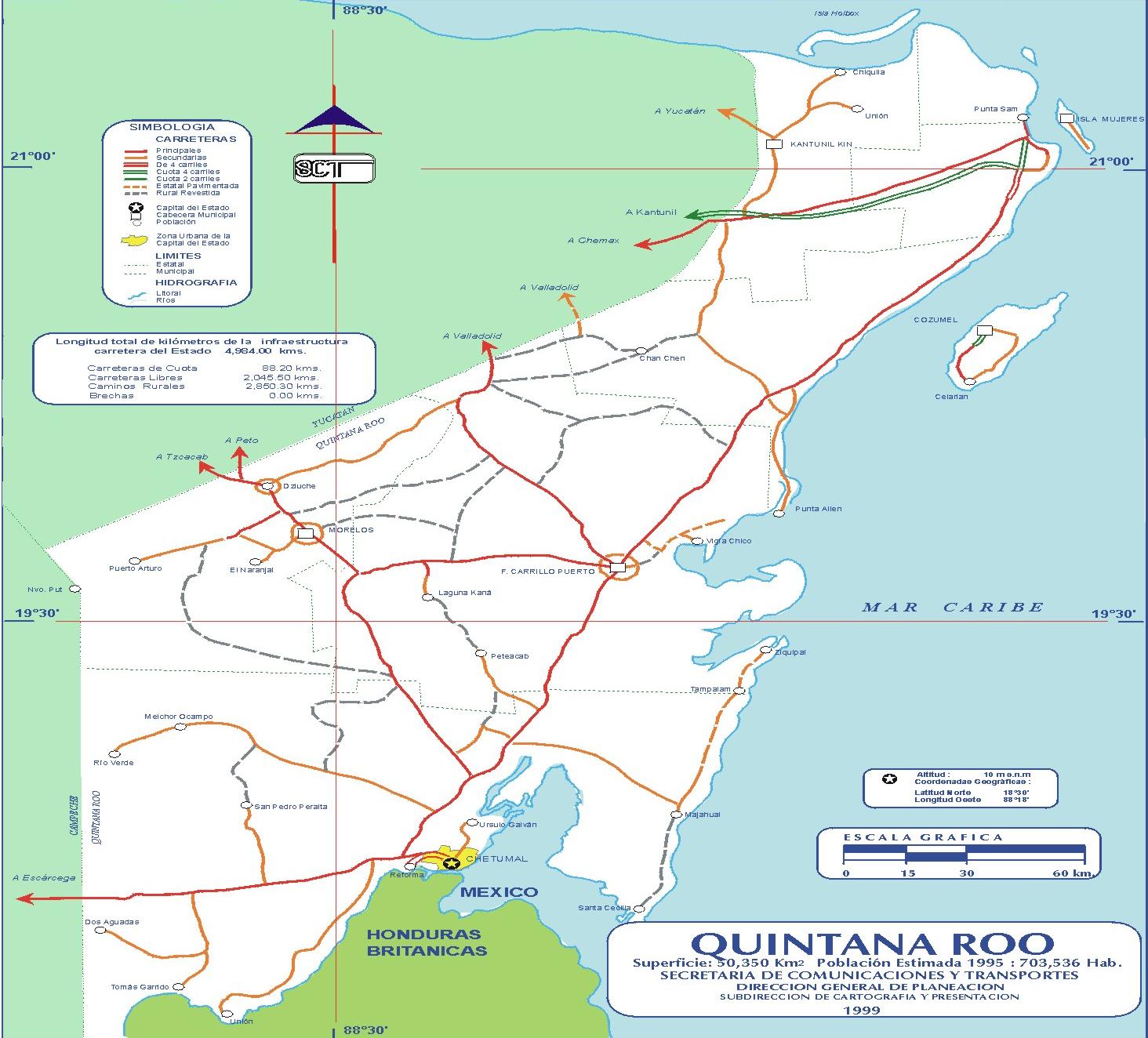 Quintana Roo road map 1999 - Full size