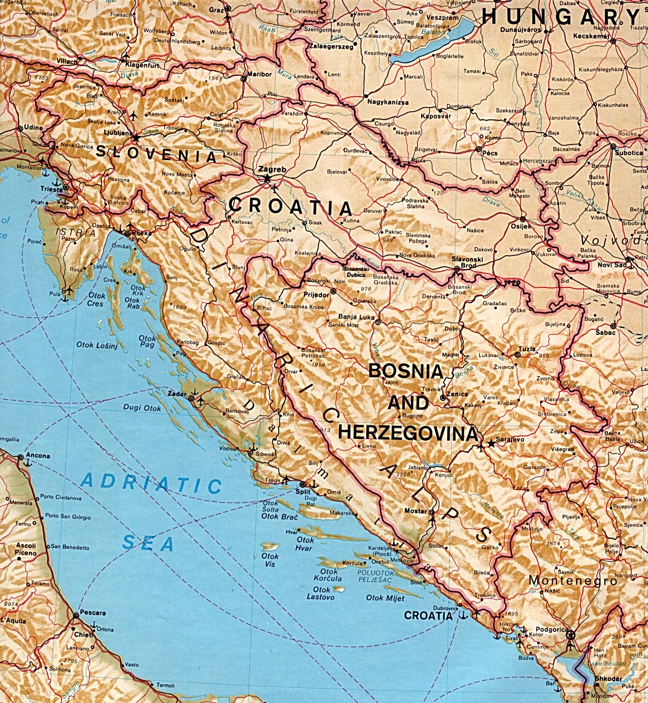 Mapa F Sico De Eslovenia Croacia Bosnia Y Herzegovina 1993   Mapa Fisico De Eslovenia Croacia Bosnia Y Herzegovina 1993 