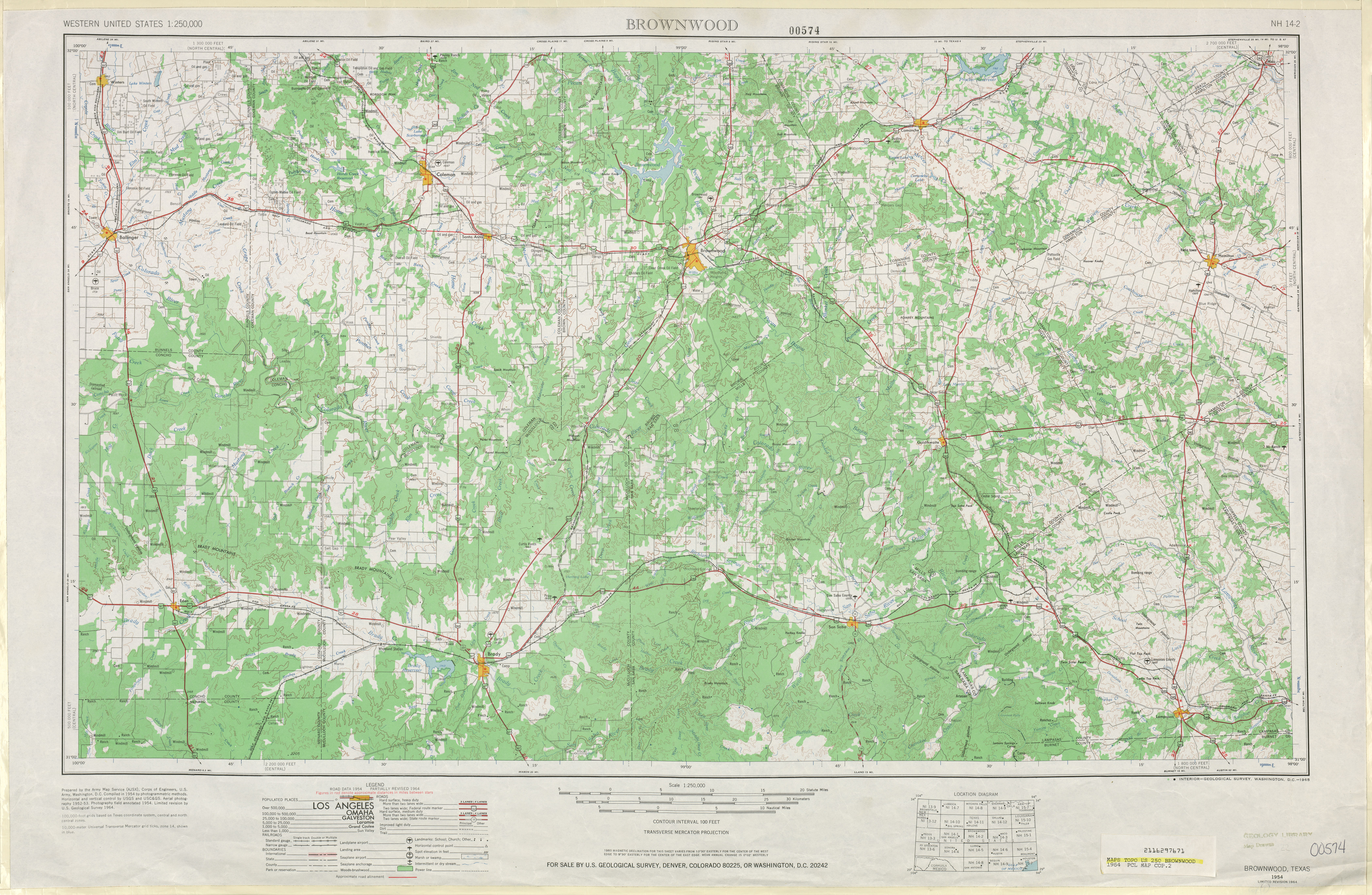 Hoja Brownwood del Mapa Topográfico de los Estados Unidos 1964 - Tamaño