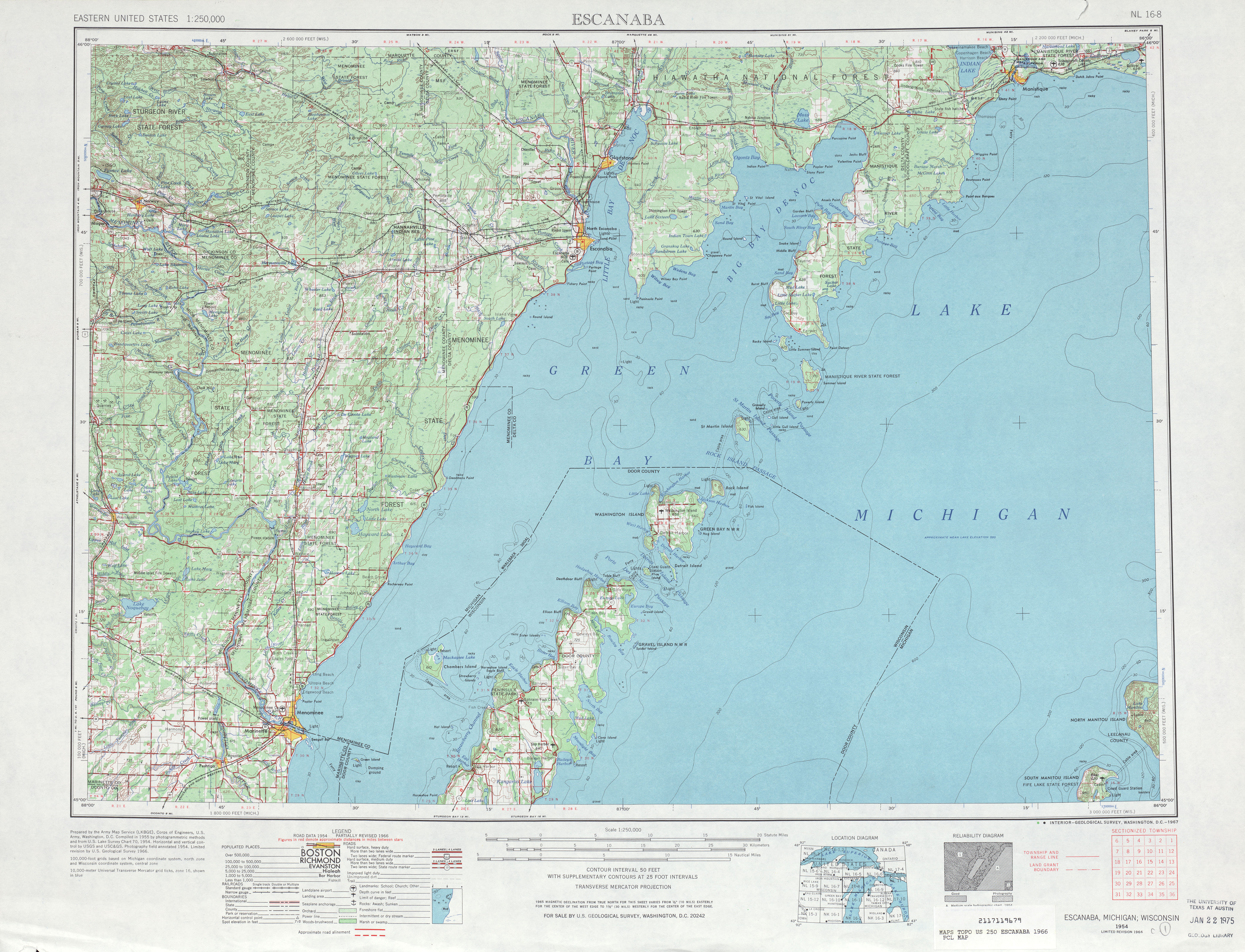 Hoja Escanaba del Mapa Topográfico de los Estados Unidos 1966 - Tamaño