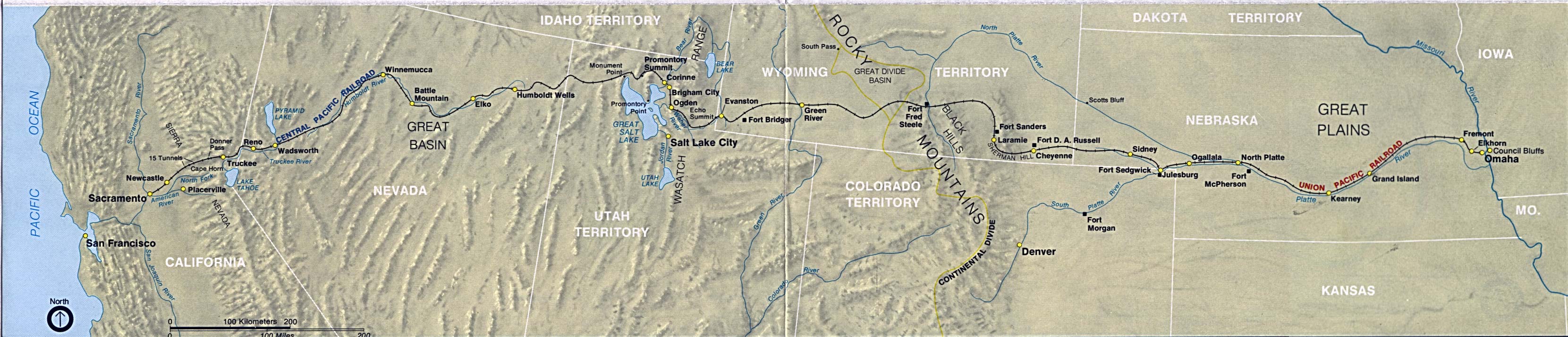 Route Map Of Central Pacific Railroad And Union Pacific Railroad