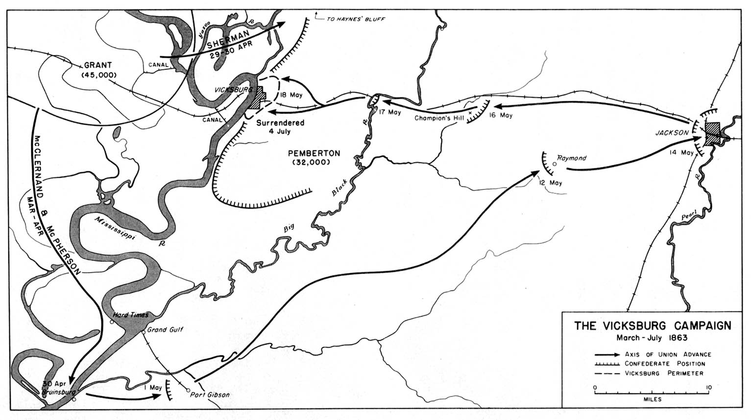 Map of the Vicksburg Campaign, American Civil War, March-July 1863 ...