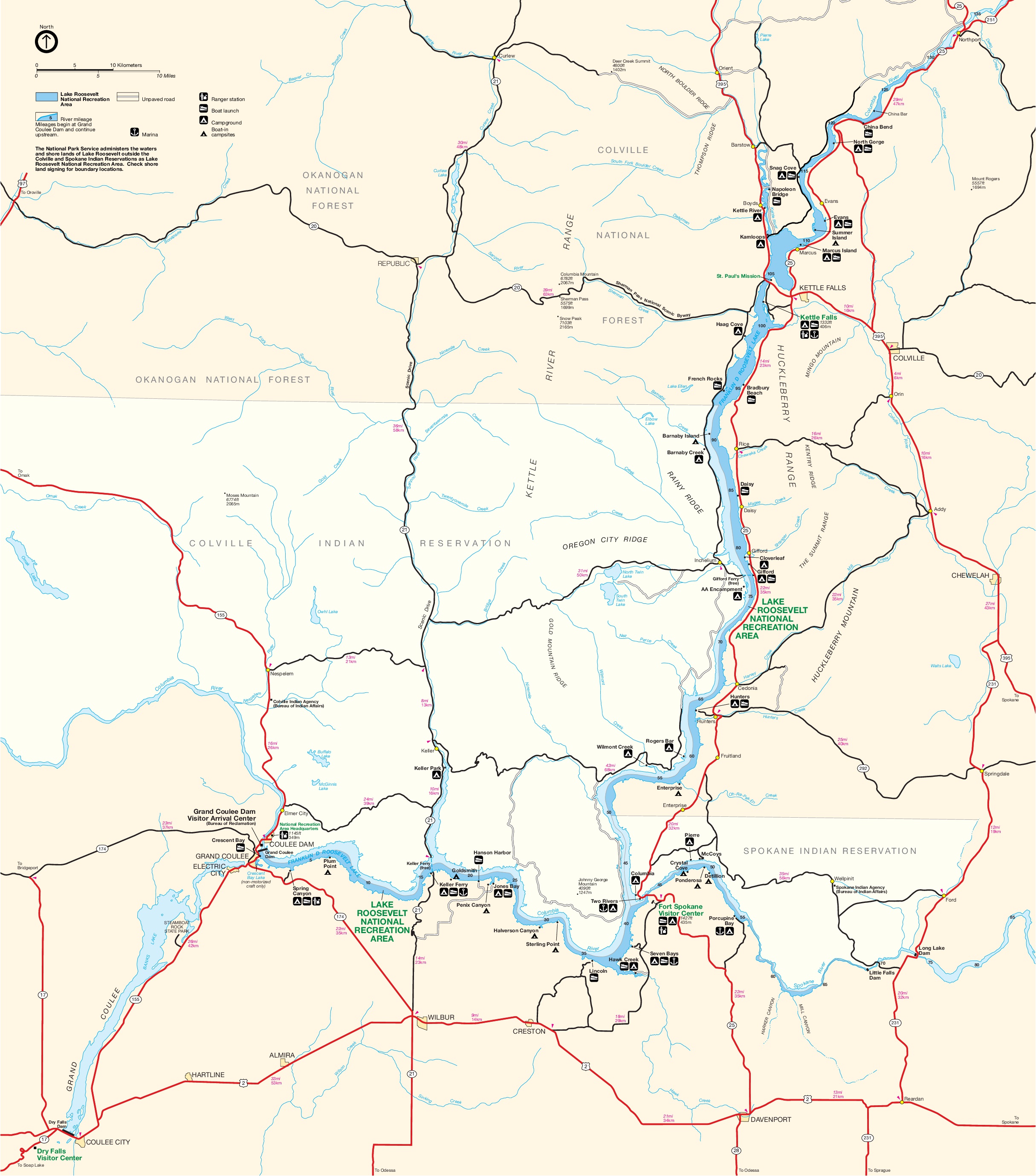 Lake Roosevelt Depth Map   Park Map Of Lake Roosevelt National Recreation Area 