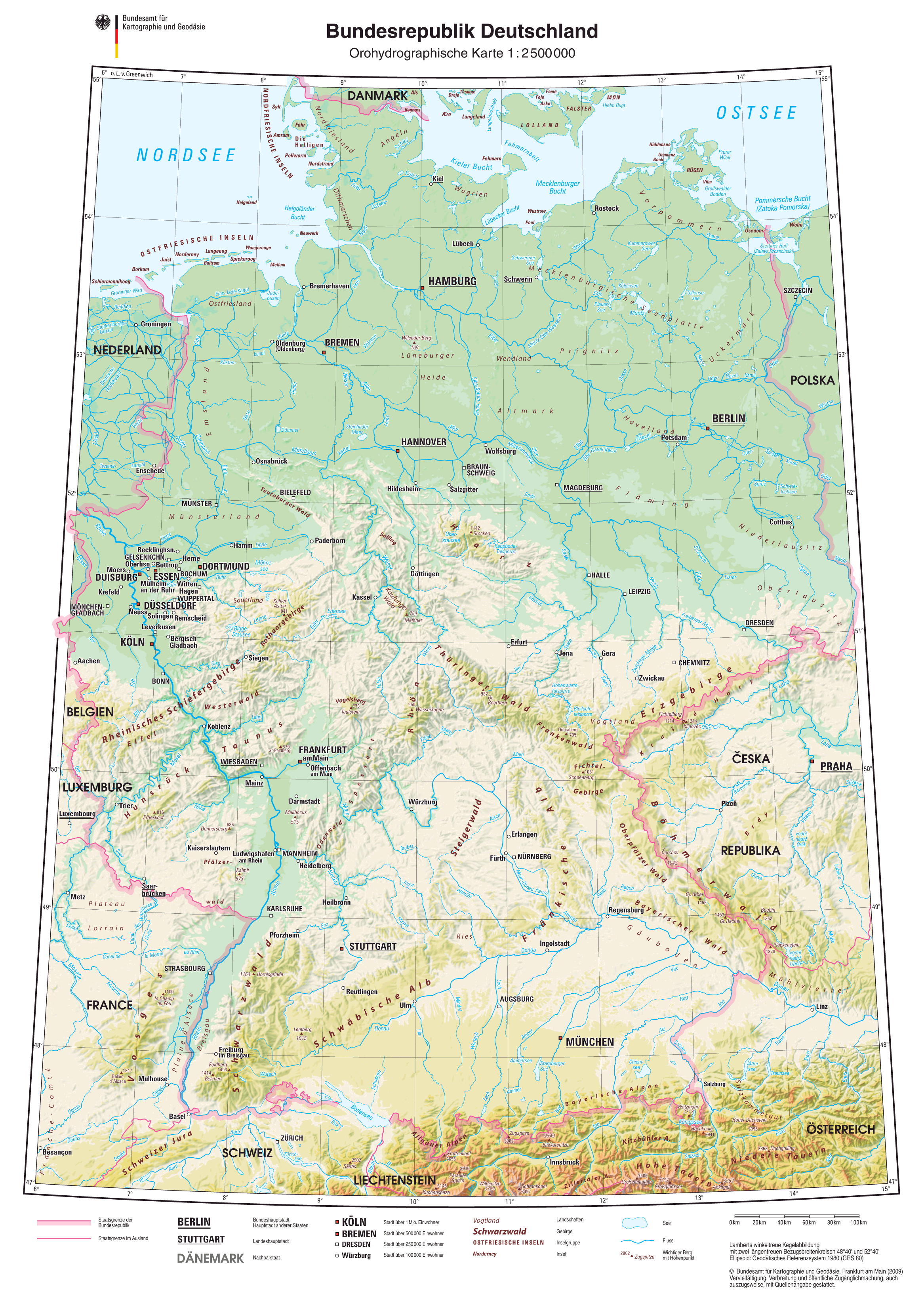 Mapa Físico De Alemania 2009 - Tamaño Completo