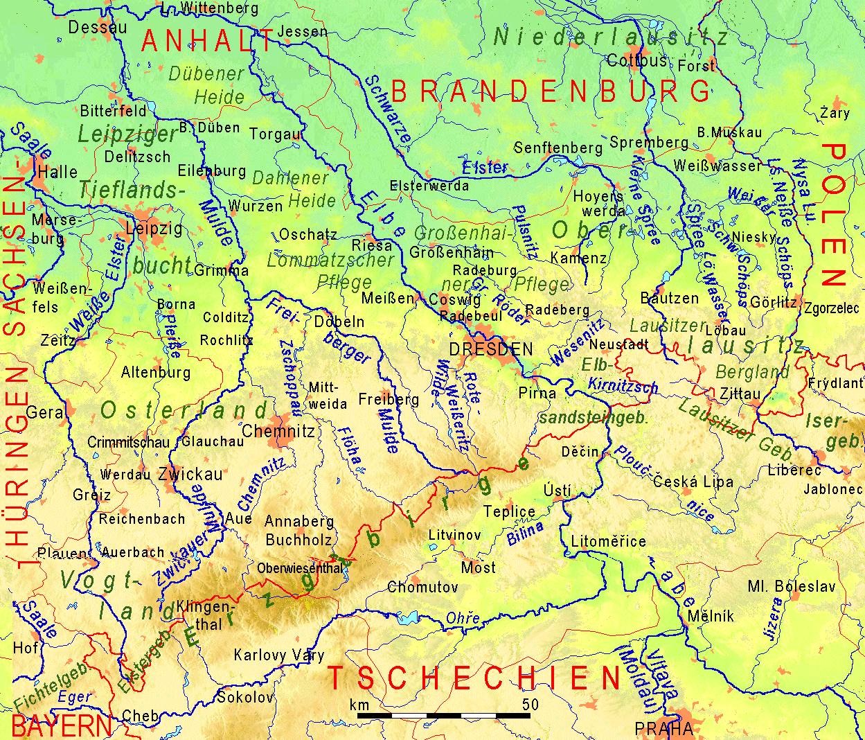 Cities, landscapes and major rivers of Saxony 2008 - Full size