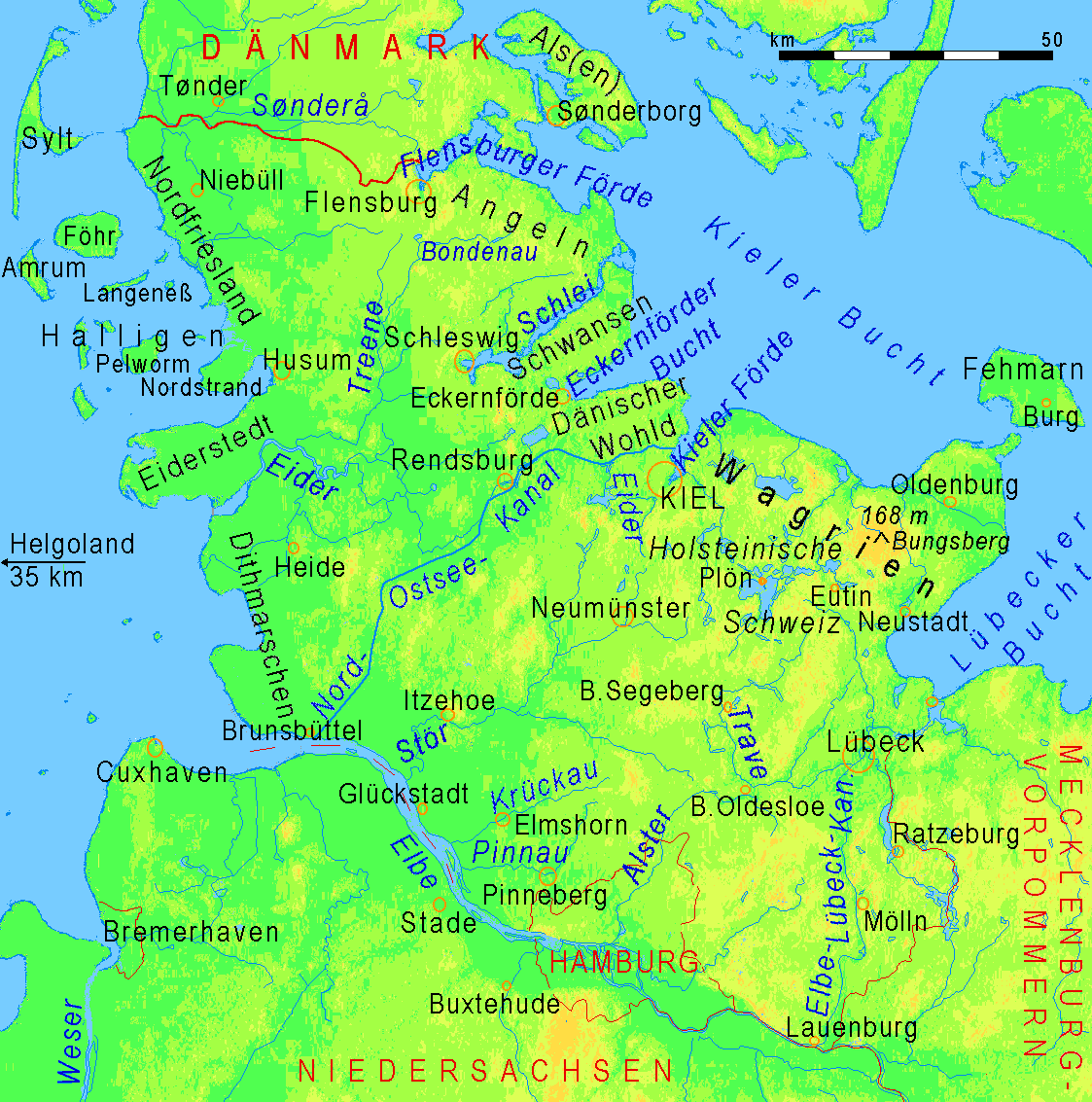 Mapa físico de Schleswig-Holstein 2008 - Tamaño completo