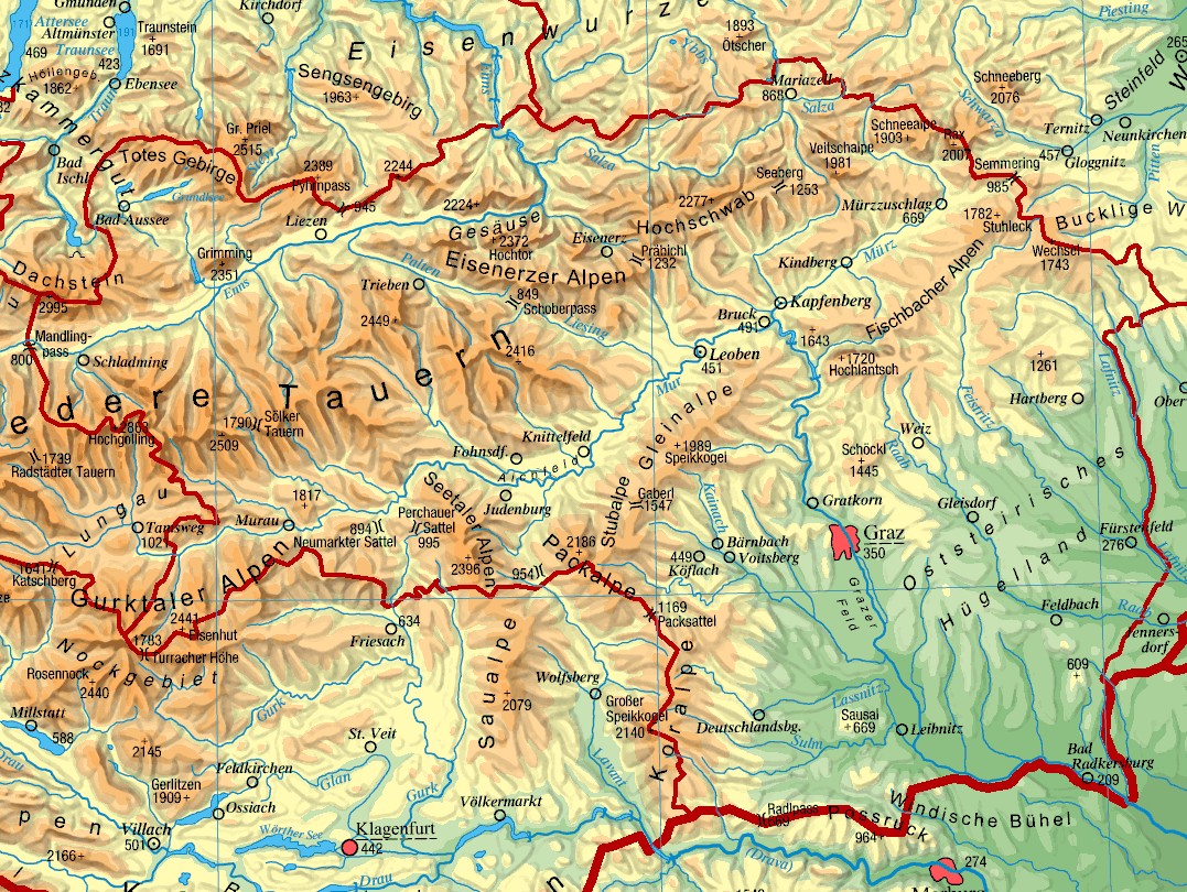 Physical map of Styria - Full size
