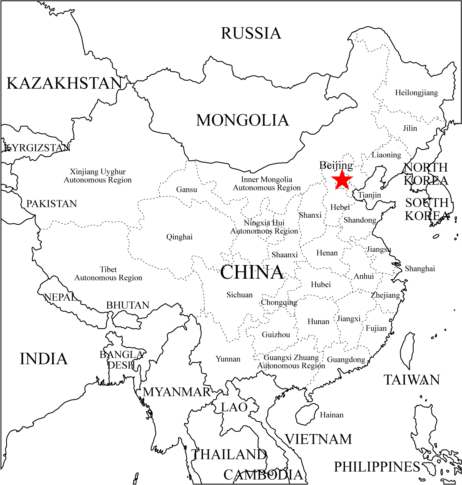 Китай на контурной карте. Контурная карта Китая с провинциями. Контурная карта Китая с городами. Карта Китая провинции черно белая. Политическая карта Китая печать.