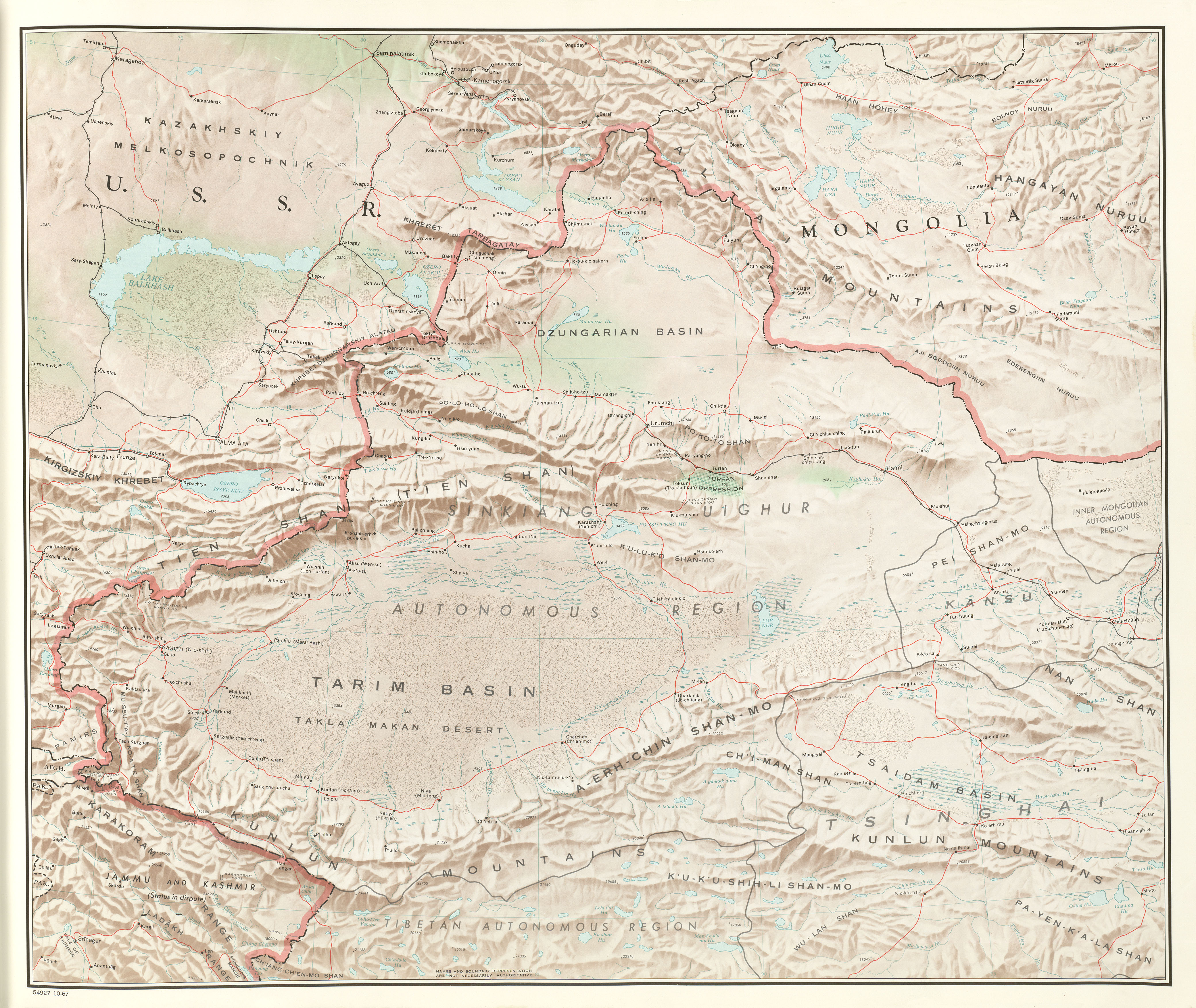 Physical map of Xinjiang 1967 - Full size