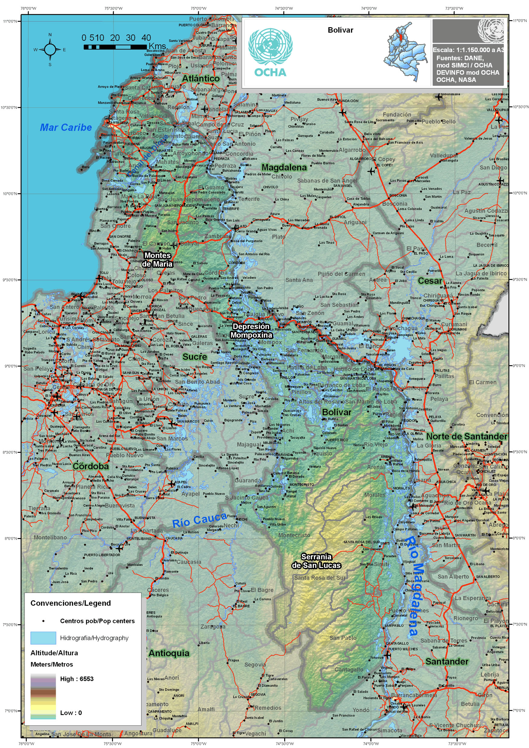 Physical map of Bolívar - Full size | Gifex