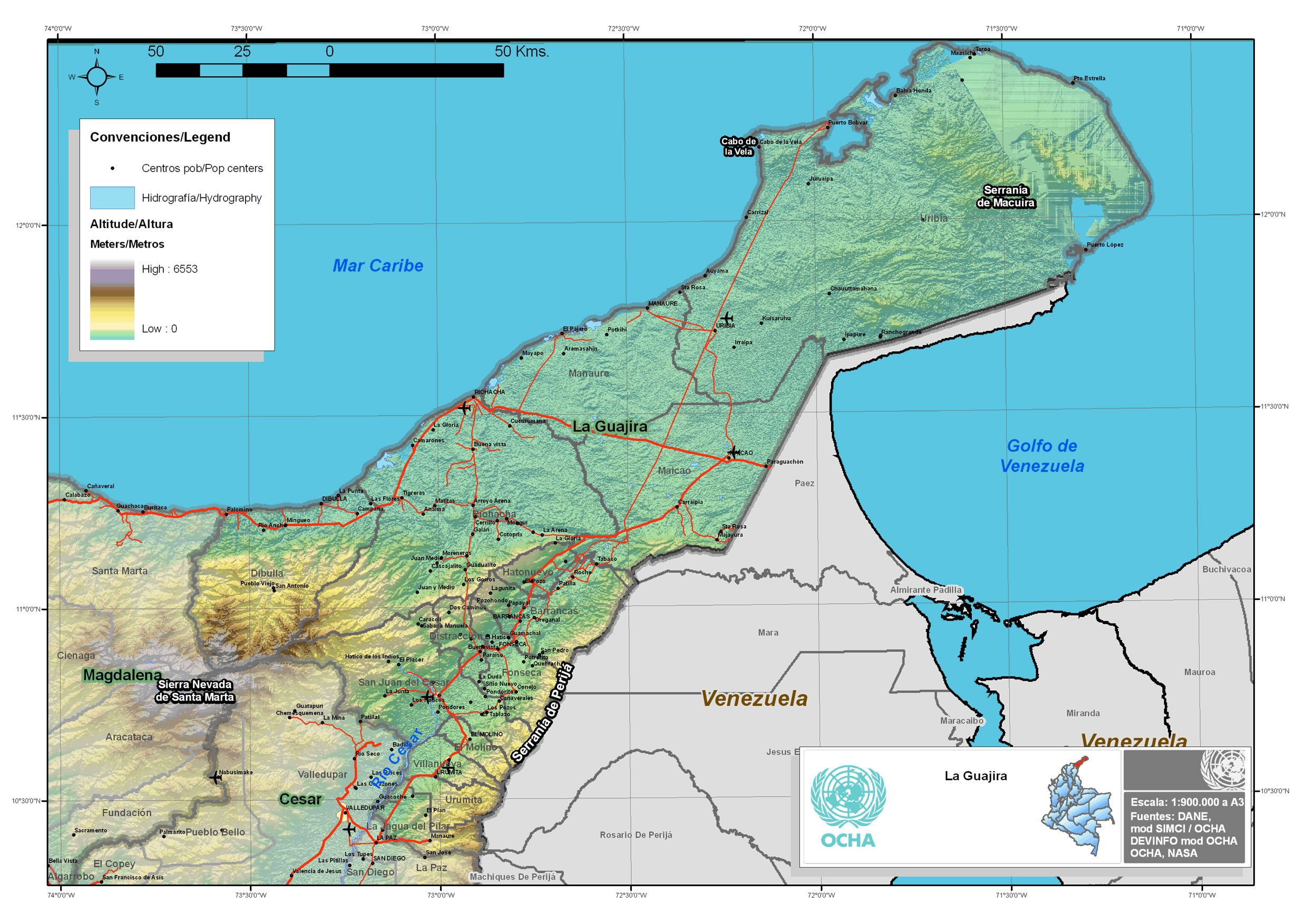 Mapa físico de La Guajira - Tamaño completo