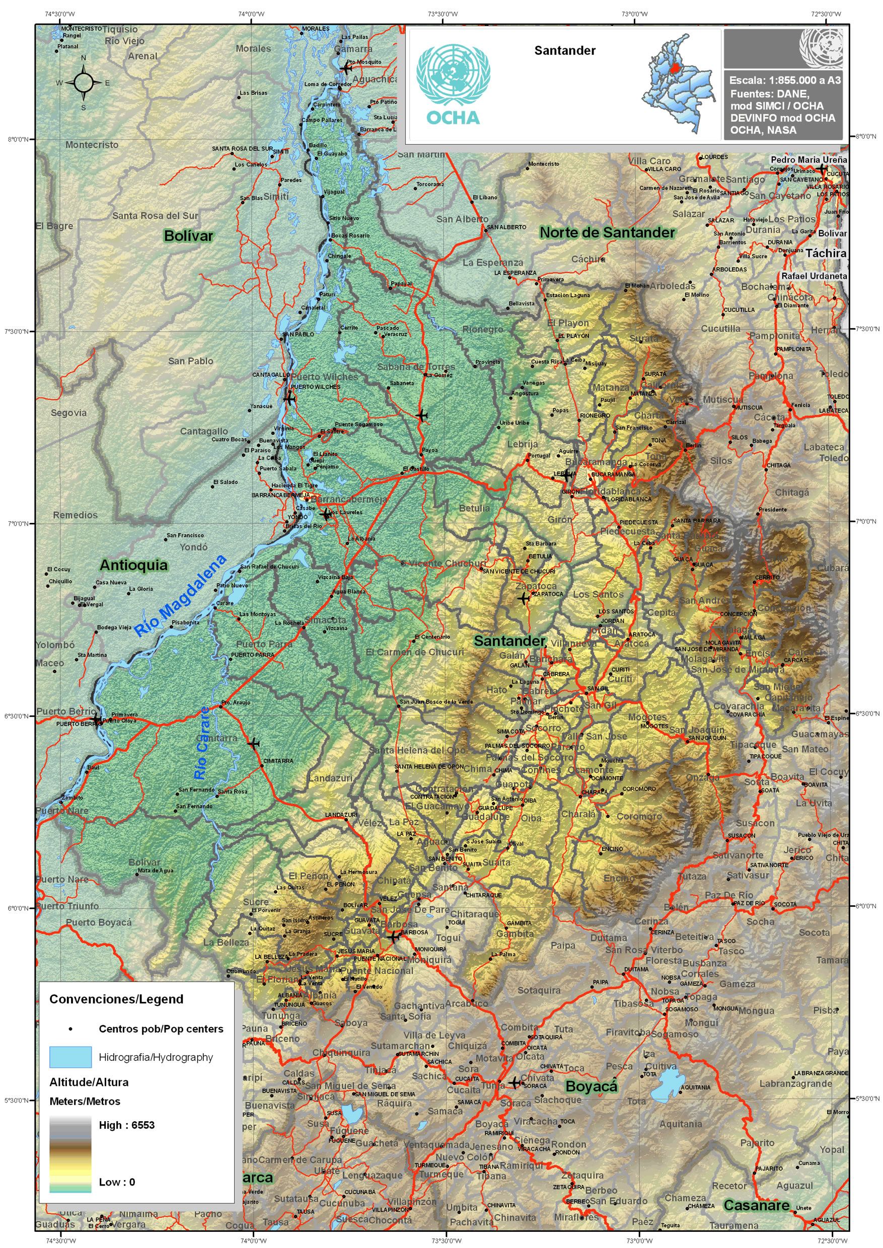 Mapa físico de Santander - Tamaño completo