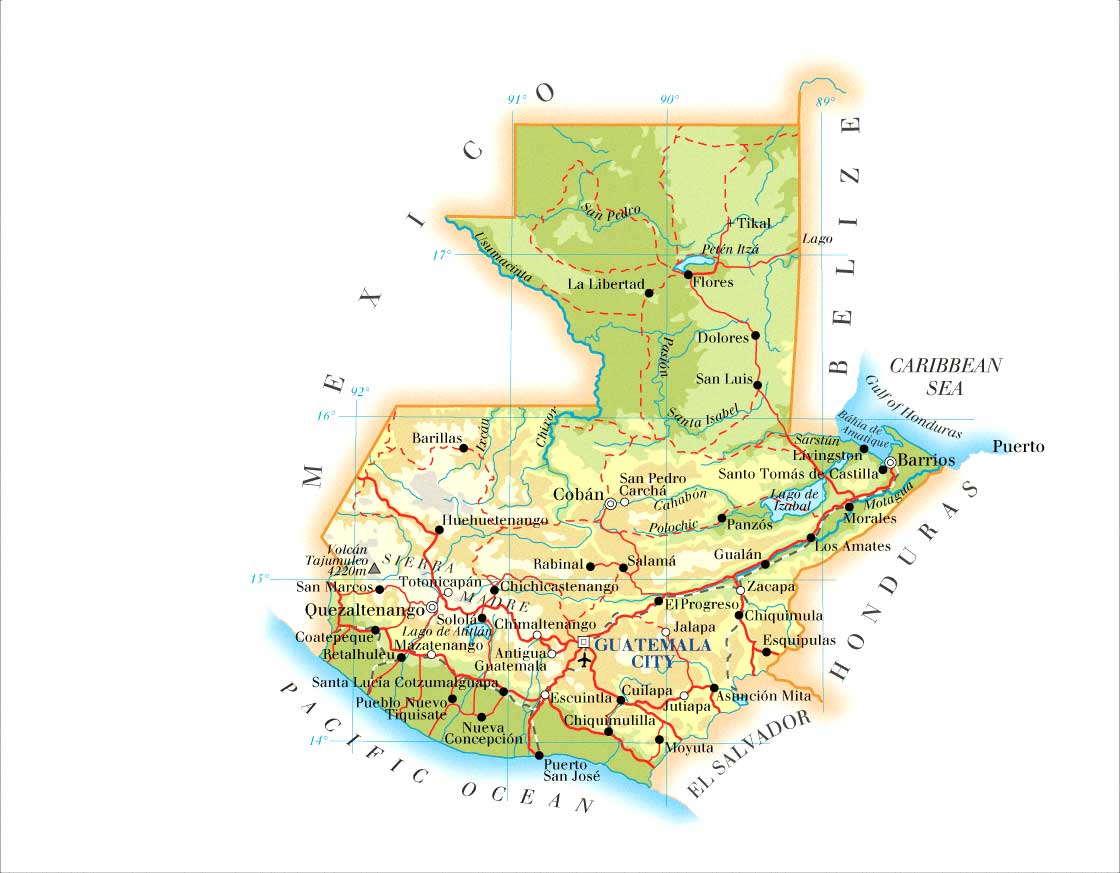 Lagos Del Mapa De Guatemala   Physical Map Of Guatemala 