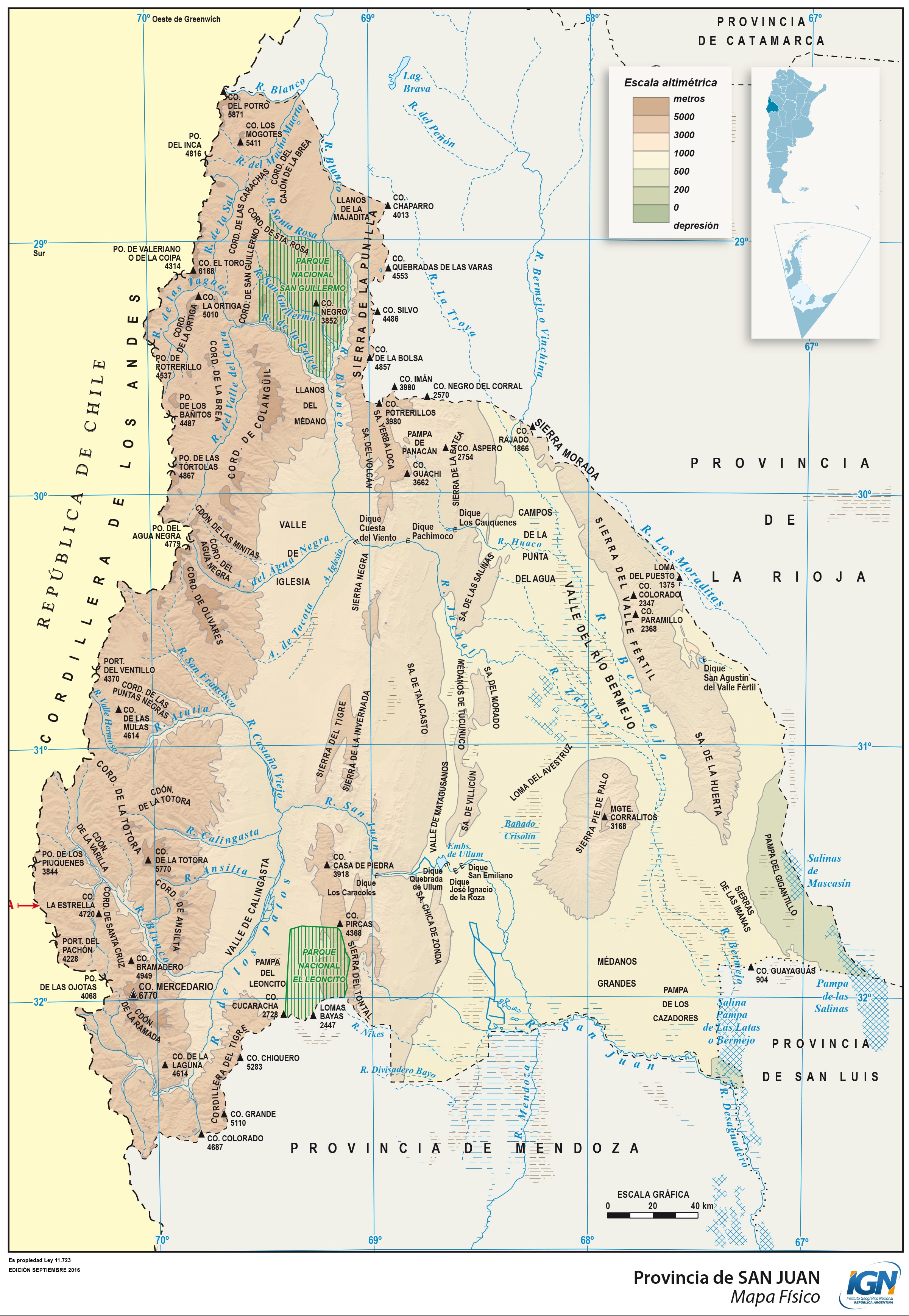 Mapa físico de la Provincia de San Juan, Argentina - San Juan | Gifex