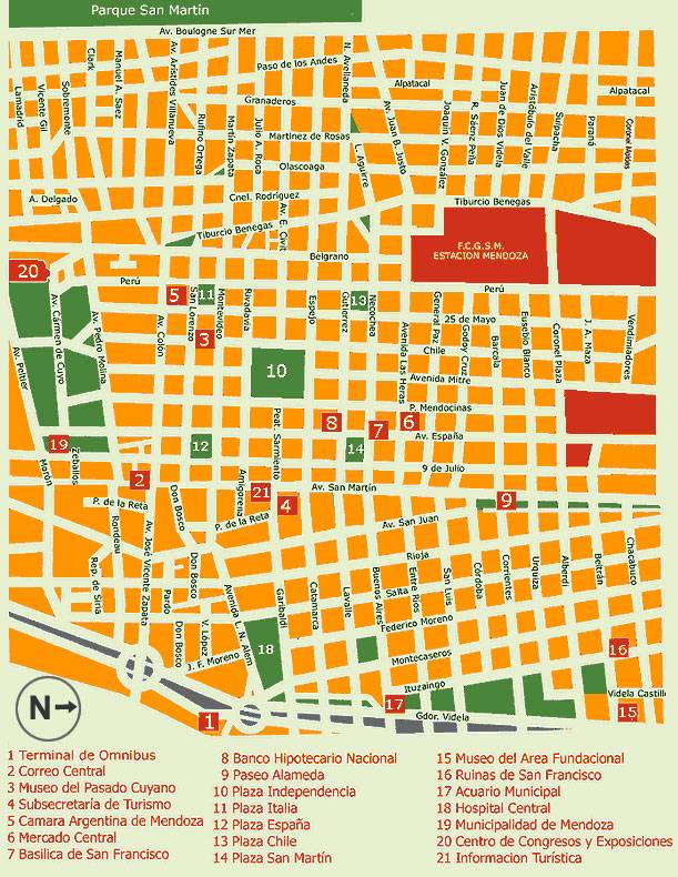 Map Of Downtown Mendoza Argentina 