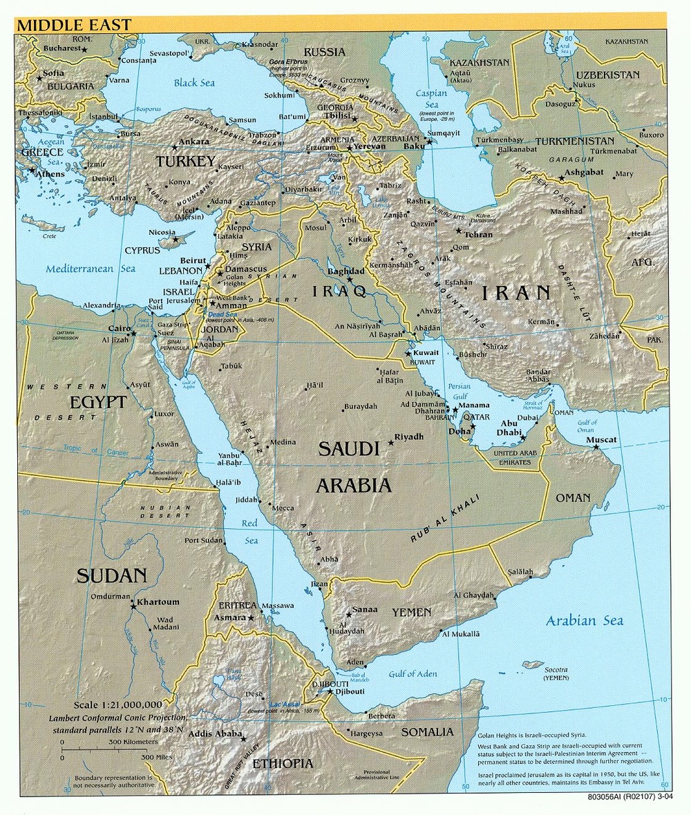 physical map of middle east with key