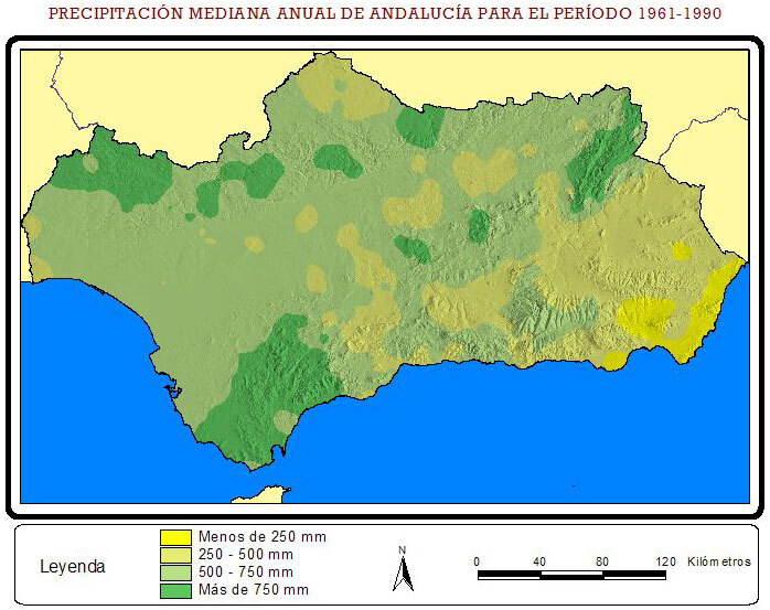 Average yearly precipitation in Andalusia - Full size | Gifex