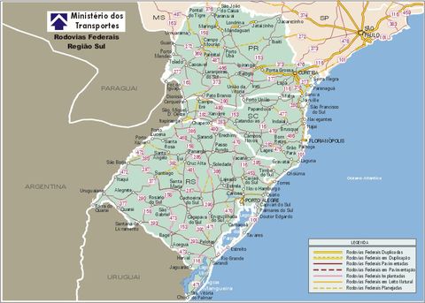 Federal Highway Map, Southern Region, Brazil