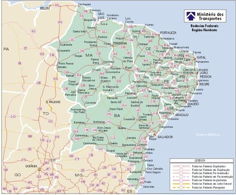 Federal Highway Map, North Eastern Region, Brazil